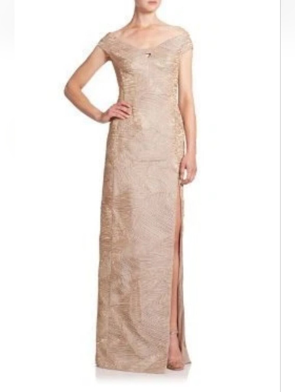 Black Halo Eve Cream Metallic Harrow Off Shoulder Sheath Gown NWT Size 2